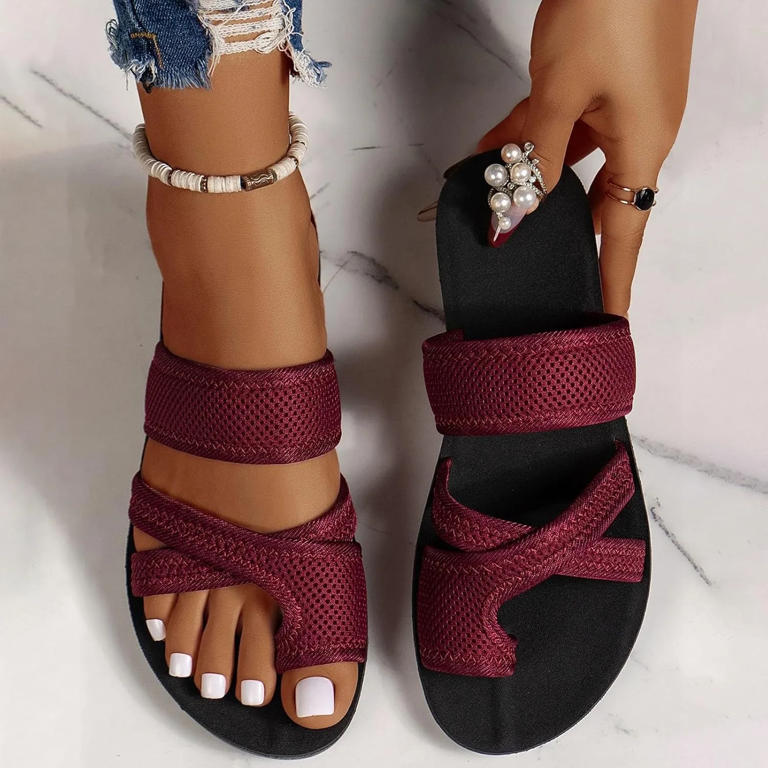 2024 Women's Hollow Mesh Slide Sandals - Dressy Summer Flats Comfortable Orthopedic Arch Support Slip On Mesh Sandals