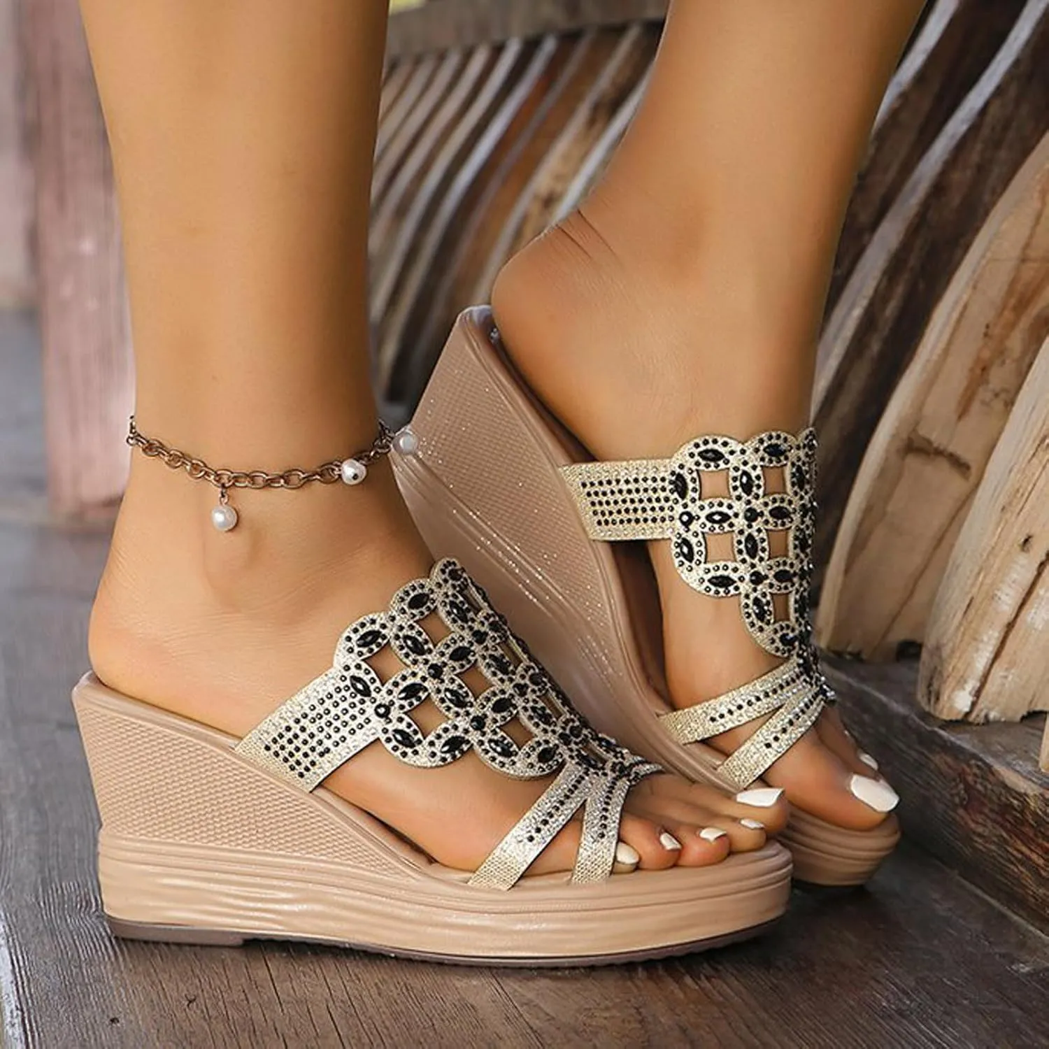 2025 Summer Dressy Wedge Sandals for Women Casual Comfortable Jewelry Platform Slides Sandals Thick Sole Mules Shoes