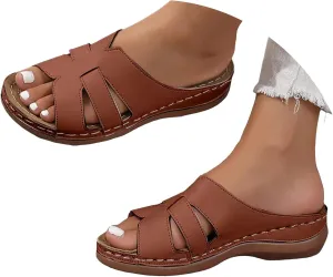 2025 Summer Orthopedic Wedge Sandals for Women Hollow Solid Color Open Toe Fashion Thick Soled Slippers Comfortable Beach Walking Bohemian Slip on Stylish Shoes with Arch Support