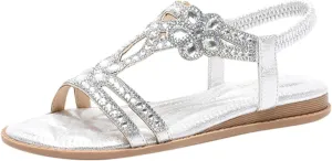 AMDBEL Flat Sandals for Women Dressy Comfortable, Sandals Women Dressy Summer Flat Women's Rhinestone Beaded Flower Bohemia Low Heeled Sandals Fashion Comfortable Crystal Beach Sandals Flat Shoes