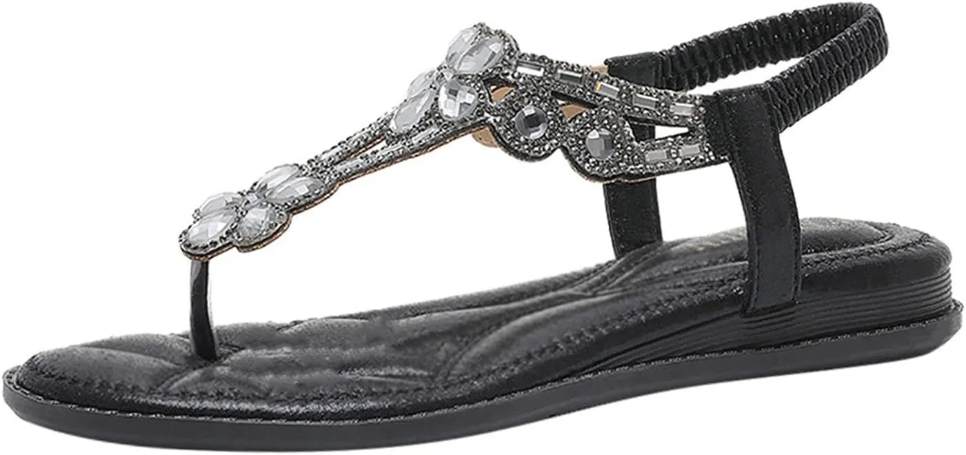AMDBEL Flat Sandals for Women Dressy Comfortable, Women's Flat Sandals Beach Sandal T-Strap Rhinestone Beaded Flower Bohemia Sandals Comfortable Fashion Crystal Sandals Low Heeled Sandals Flat Shoes