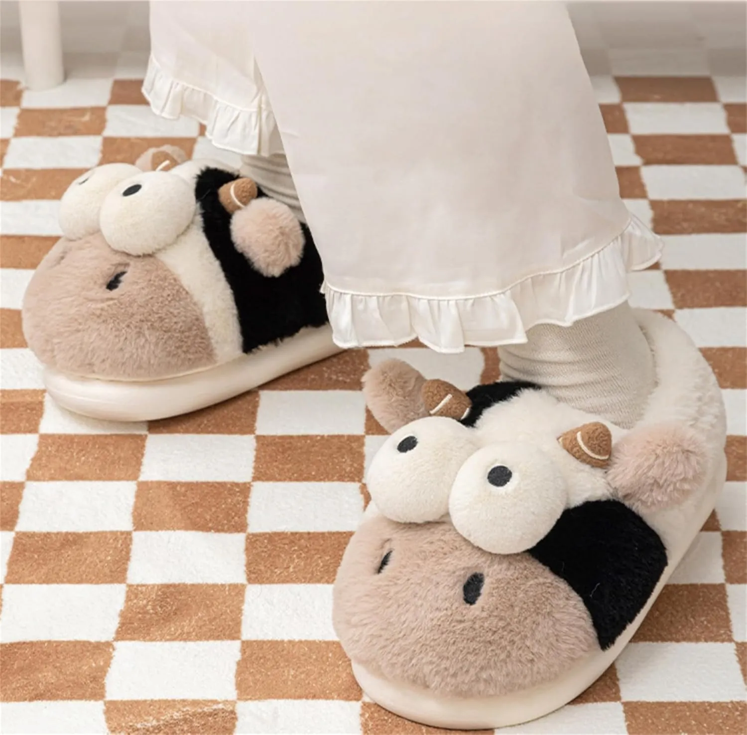 Animal Slippers for Women - Cute Cow Plush Winter House Cotton Indoor/Outdoor Slippers