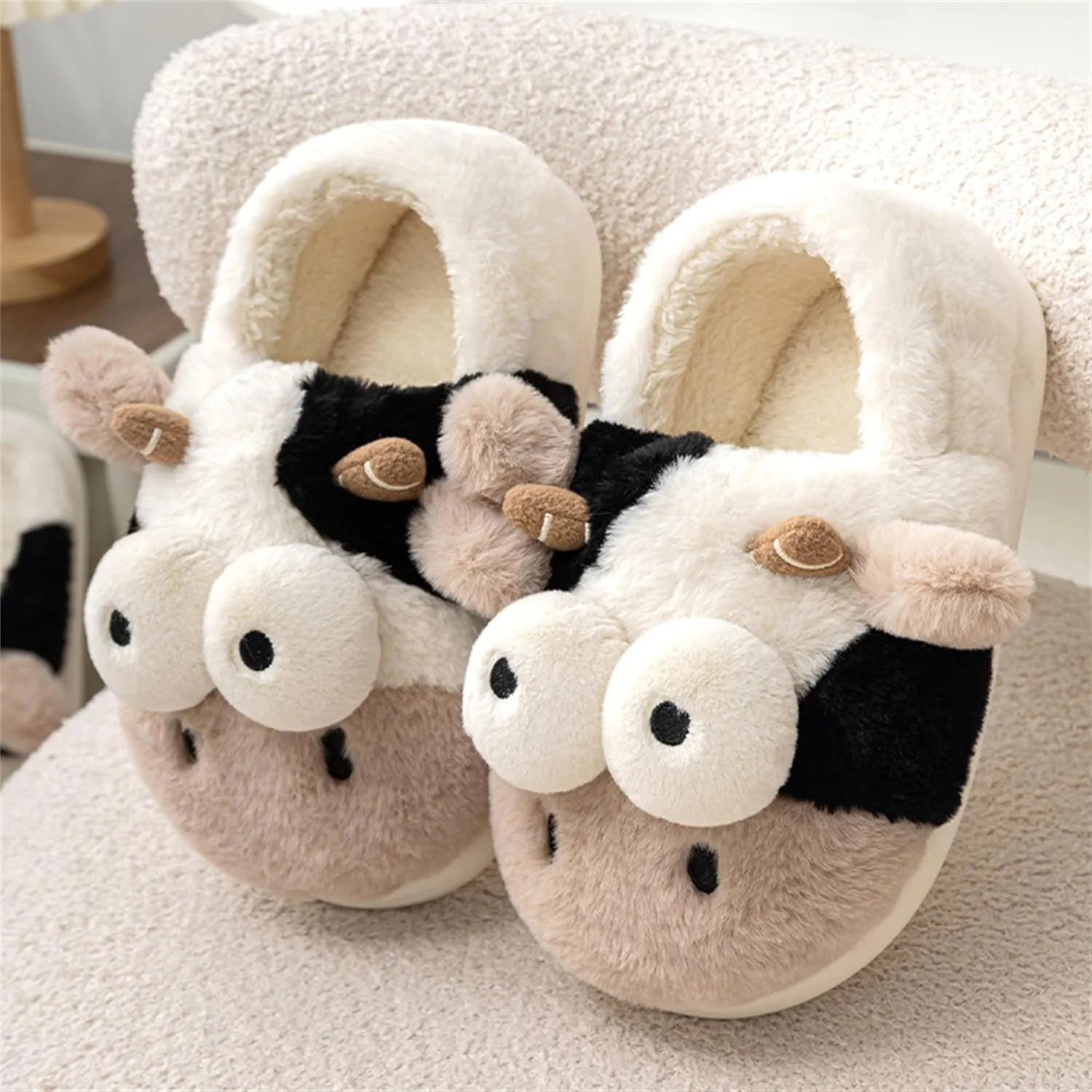 Animal Slippers for Women - Cute Cow Plush Winter House Cotton Indoor/Outdoor Slippers