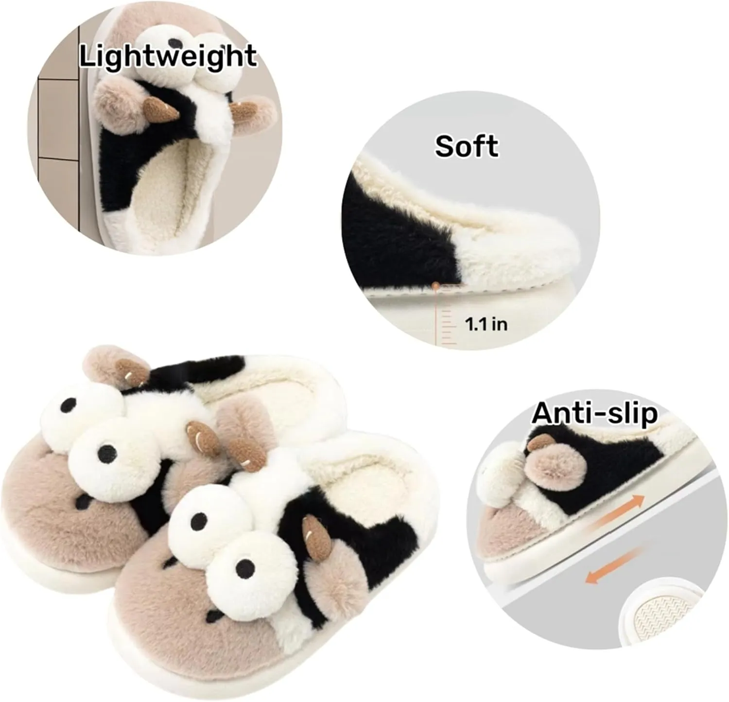 Animal Slippers for Women - Cute Cow Plush Winter House Cotton Indoor/Outdoor Slippers