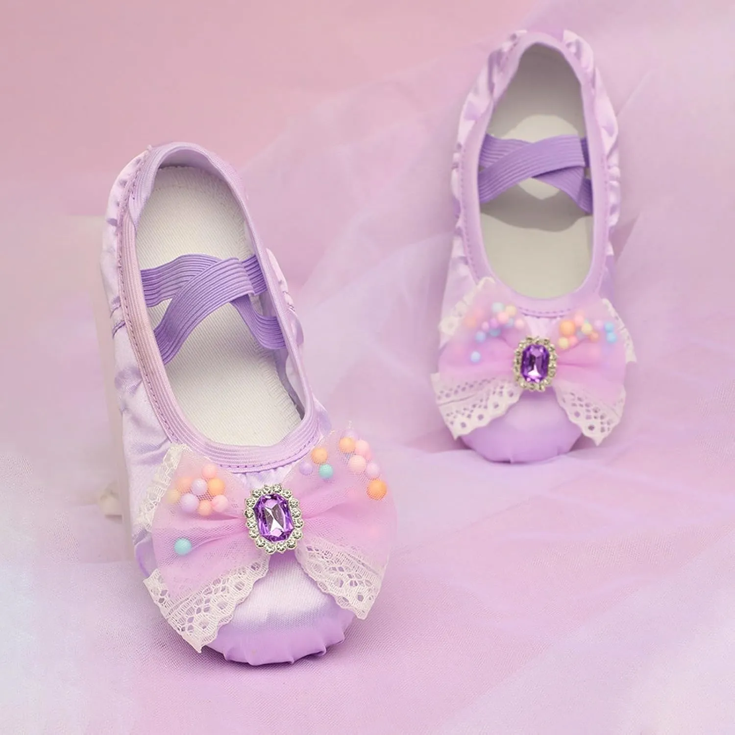 Ballet Shoes for Girls Cute Rhinestone Lace Bowknot Dance Slippers Toddler Kids Dancing Shoes with Elastic Straps
