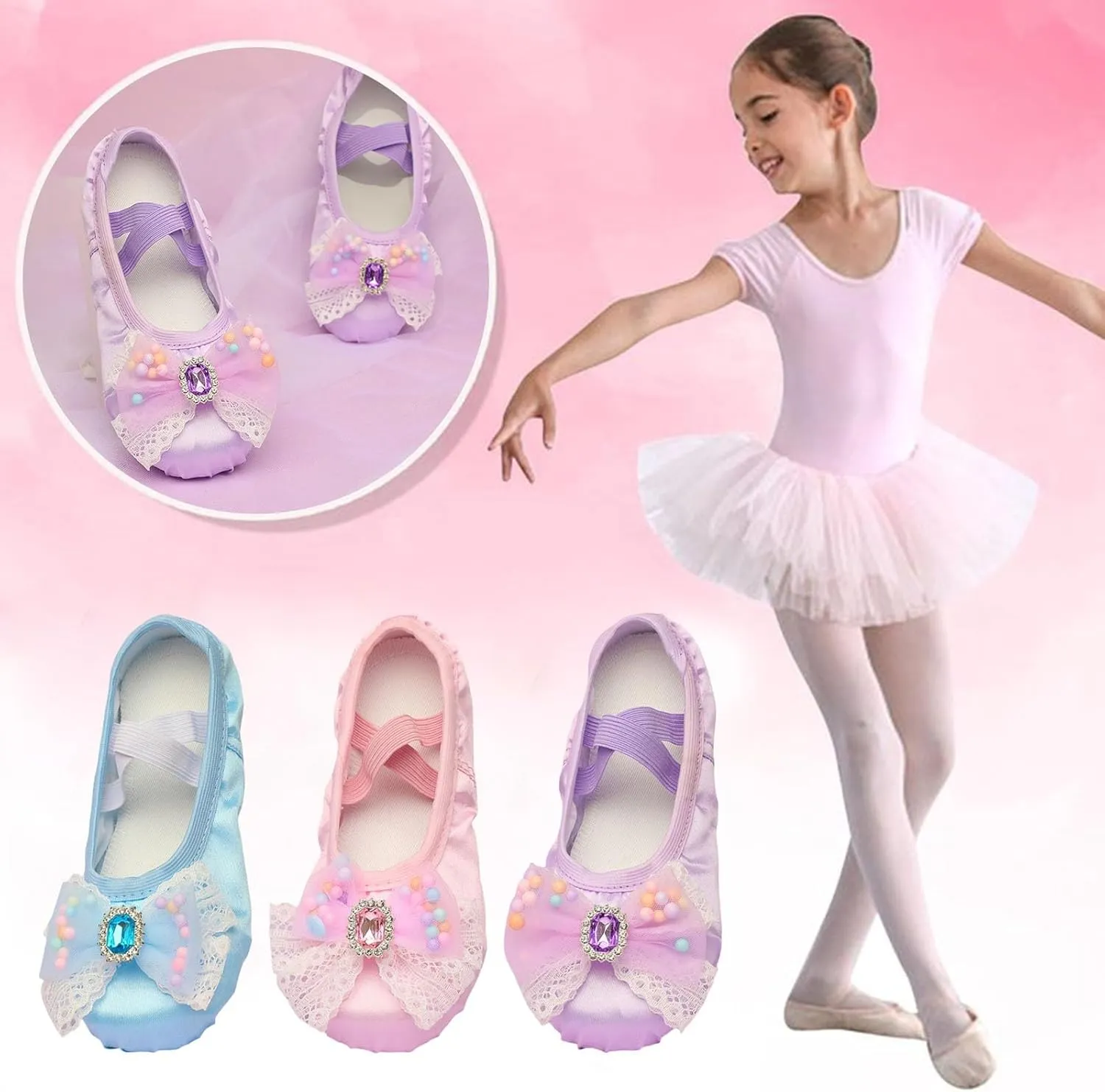 Ballet Shoes for Girls Cute Rhinestone Lace Bowknot Dance Slippers Toddler Kids Dancing Shoes with Elastic Straps