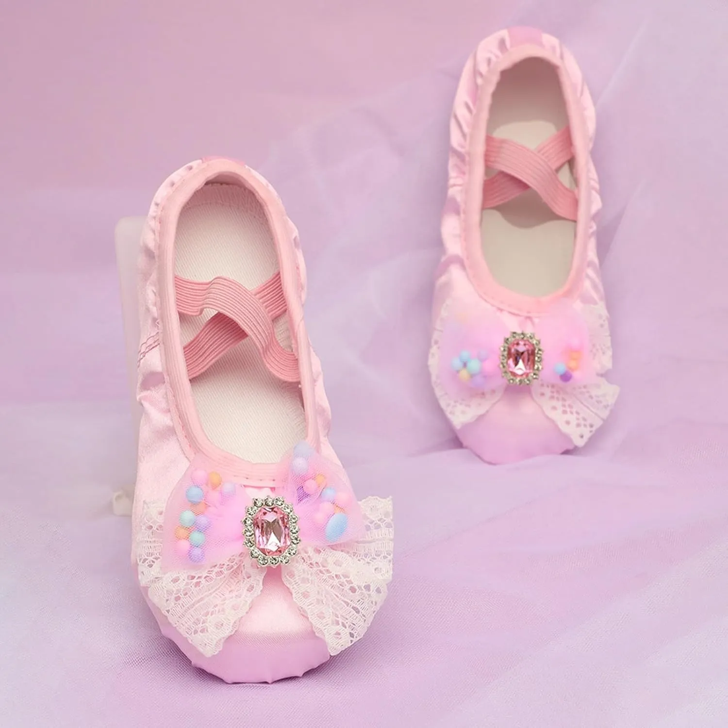 Ballet Shoes for Girls Cute Rhinestone Lace Bowknot Dance Slippers Toddler Kids Dancing Shoes with Elastic Straps