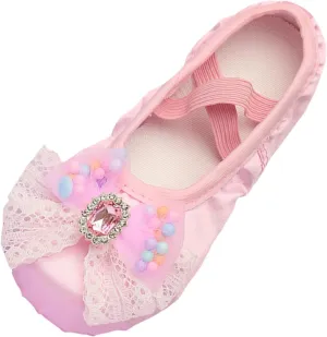 Ballet Shoes for Girls Cute Rhinestone Lace Bowknot Dance Slippers Toddler Kids Dancing Shoes with Elastic Straps
