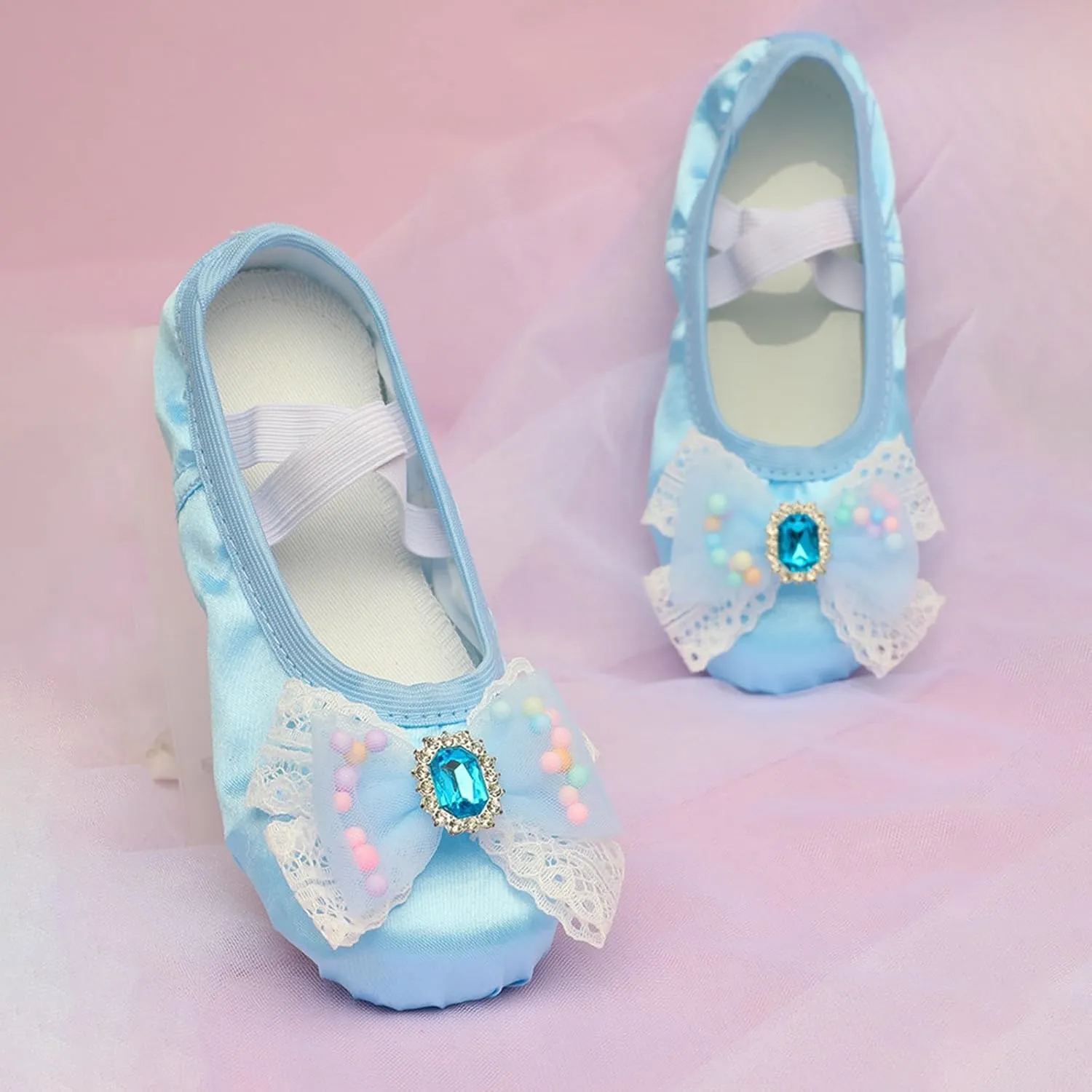 Ballet Shoes for Girls Cute Rhinestone Lace Bowknot Dance Slippers Toddler Kids Dancing Shoes with Elastic Straps