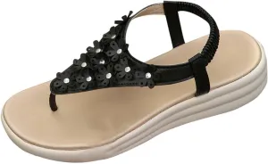 Boho Orthotic Sandals Womens Cute Flower Appliques Elastic Flats T-Strap Thong Summer Dressy Comfy Walking Shoes New