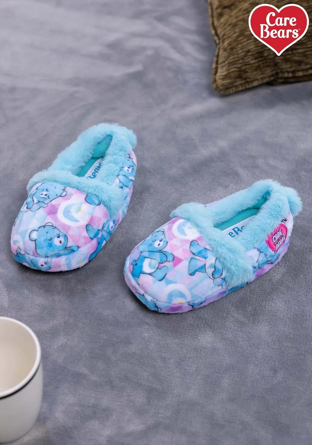 Care Bears Bedtime Bear Slippers with Anti-Slip Soles Velour & Faux Fur Kids Shoes