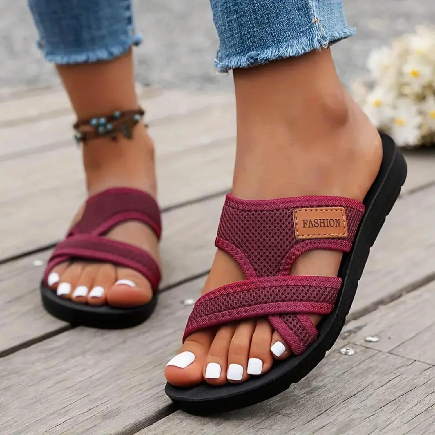 Cathale Mesh Slide Sandals for Women Hollow Mesh Slide Sandals Comfortable Orthopedic Arch Support Mesh Sandals for Women