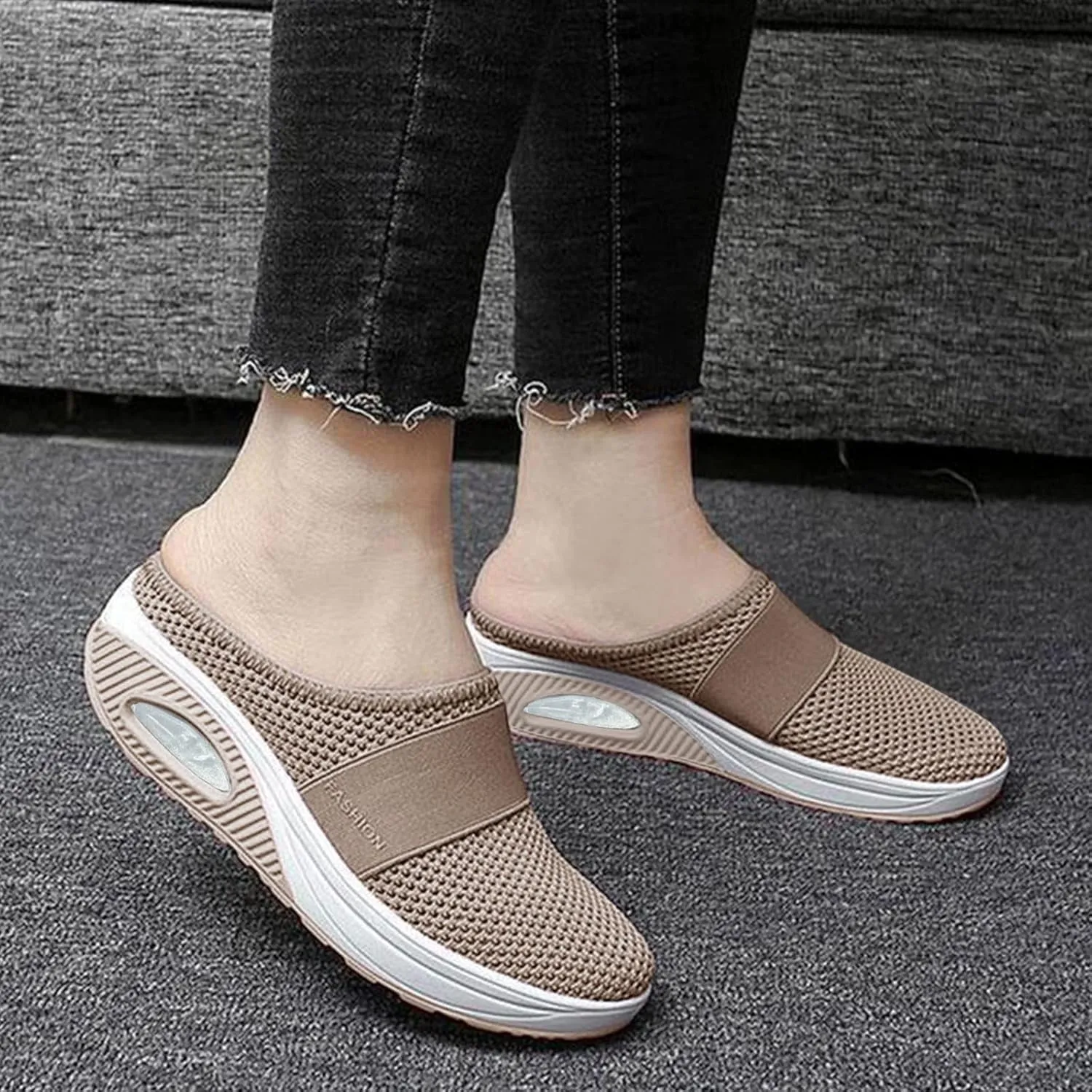 Cathalem Flat Sandals for Women, Air Cushion Slip-on Walking Stretch Shoes for Women Wide Width Arch Support