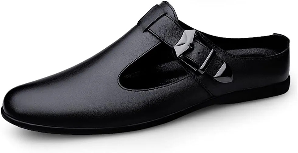 ChicLovey Mens Backless Mules Clog Slippers Breathable Leather Hollow Out Slip on Loafers