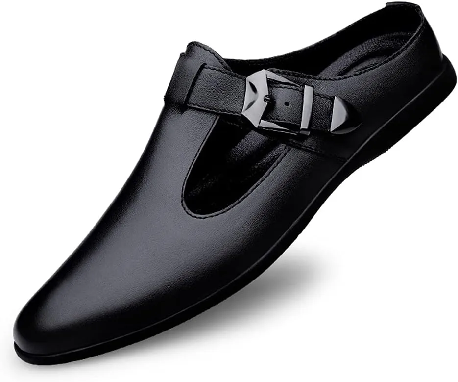 ChicLovey Mens Backless Mules Clog Slippers Breathable Leather Hollow Out Slip on Loafers