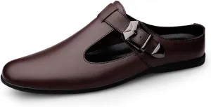 ChicLovey Mens Backless Mules Clog Slippers Breathable Leather Hollow Out Slip on Loafers
