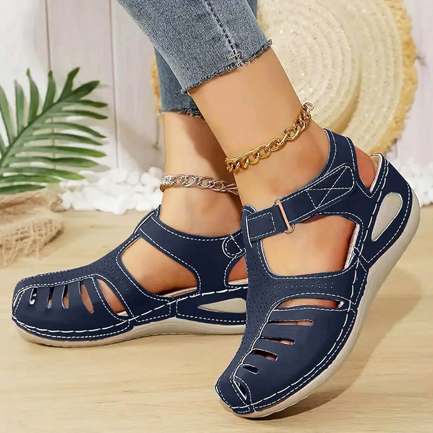 Closed Toe Sandals Women Flat Dressy Comfortable Slip On Sandals Non Slip Platform Wedge Sandals Fisherman Sandals
