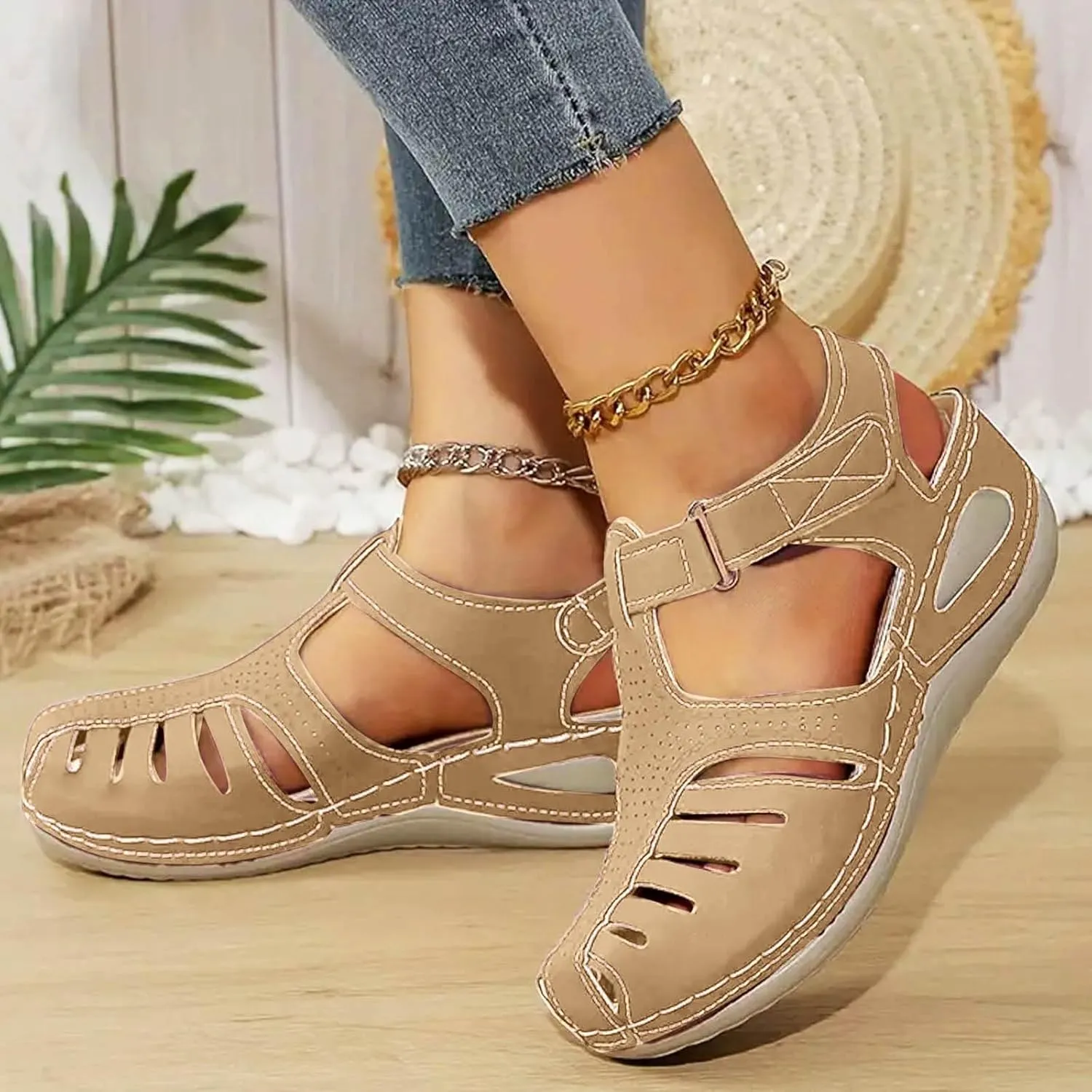 Closed Toe Sandals Women Flat Dressy Comfortable Slip On Sandals Non Slip Platform Wedge Sandals Fisherman Sandals