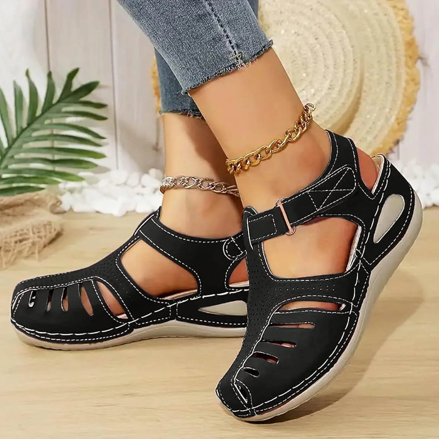 Closed Toe Sandals Women Flat Dressy Comfortable Slip On Sandals Non Slip Platform Wedge Sandals Fisherman Sandals