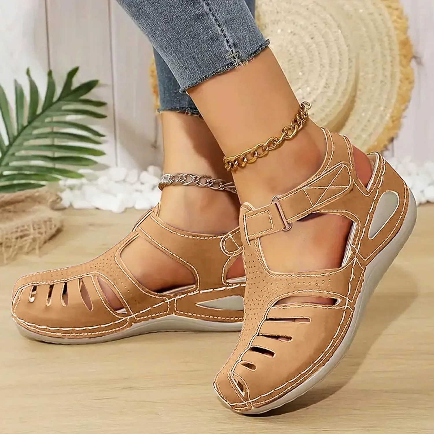Closed Toe Sandals Women Flat Dressy Comfortable Slip On Sandals Non Slip Platform Wedge Sandals Fisherman Sandals