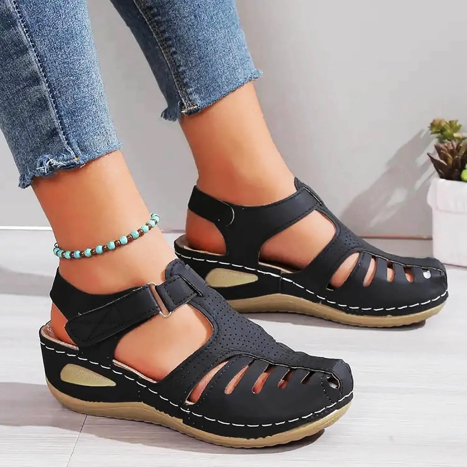 Closed Toe Sandals Women Flat Dressy Comfortable Slip On Sandals Non Slip Platform Wedge Sandals Fisherman Sandals
