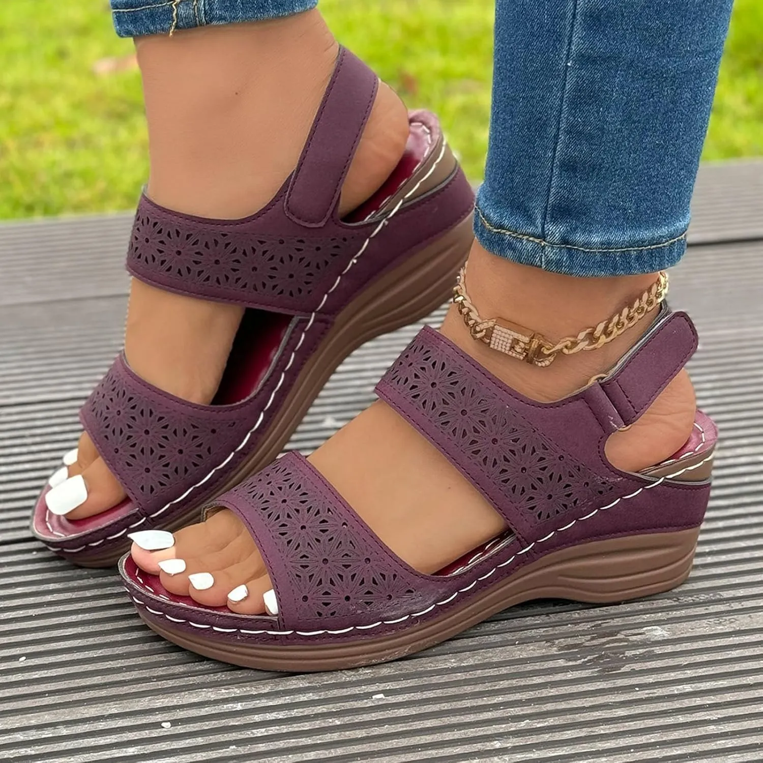 Comfortable Orthopedic Sandals New Fish Mouth Slotted Wedge Platform Casual Women's Sandals Texture Surface Platform