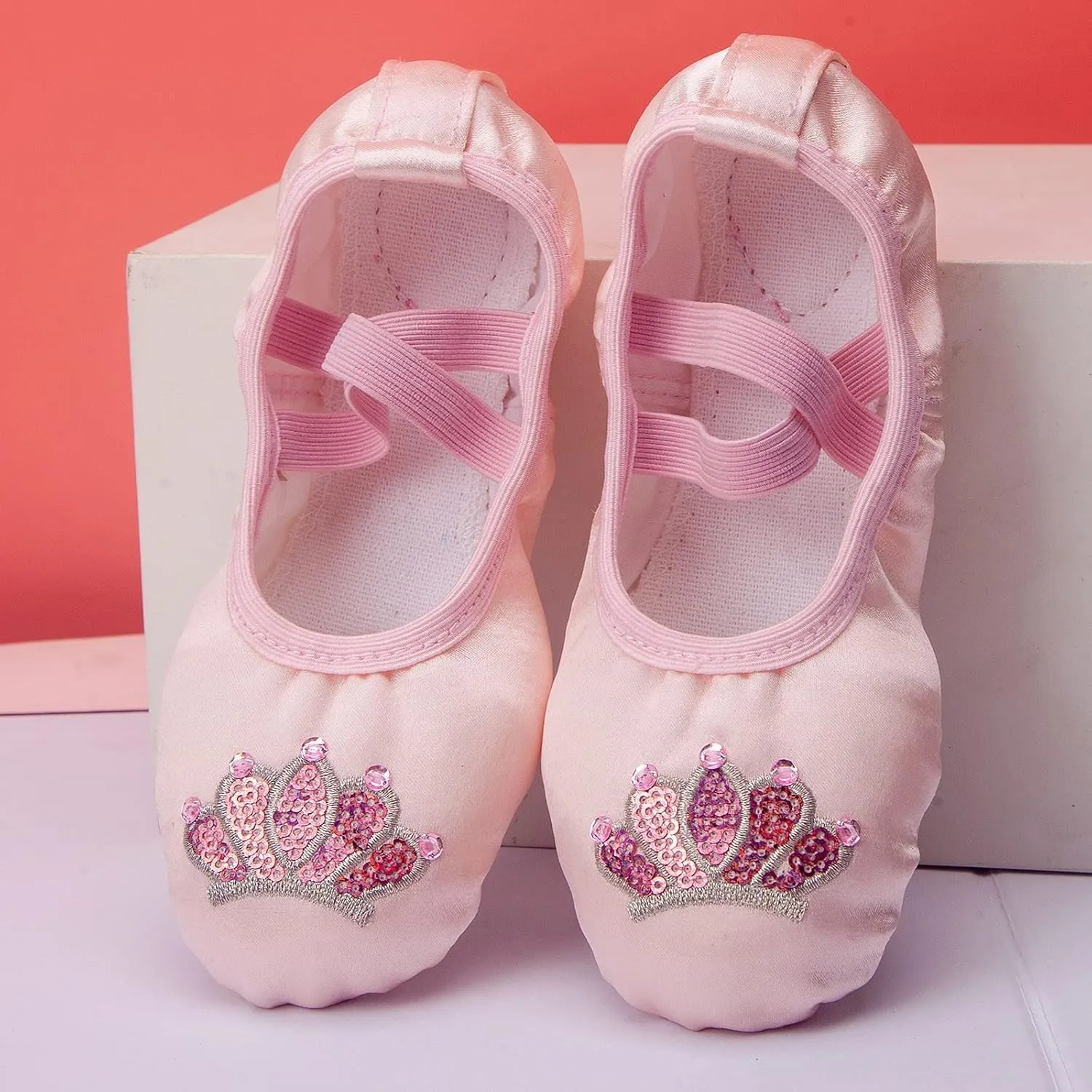 Dance Shoes for Girls Toddler Kids Cute Crown Rhinestone Ballet Slippers Canvas Indoor Yoga Shoes with Elastic Straps