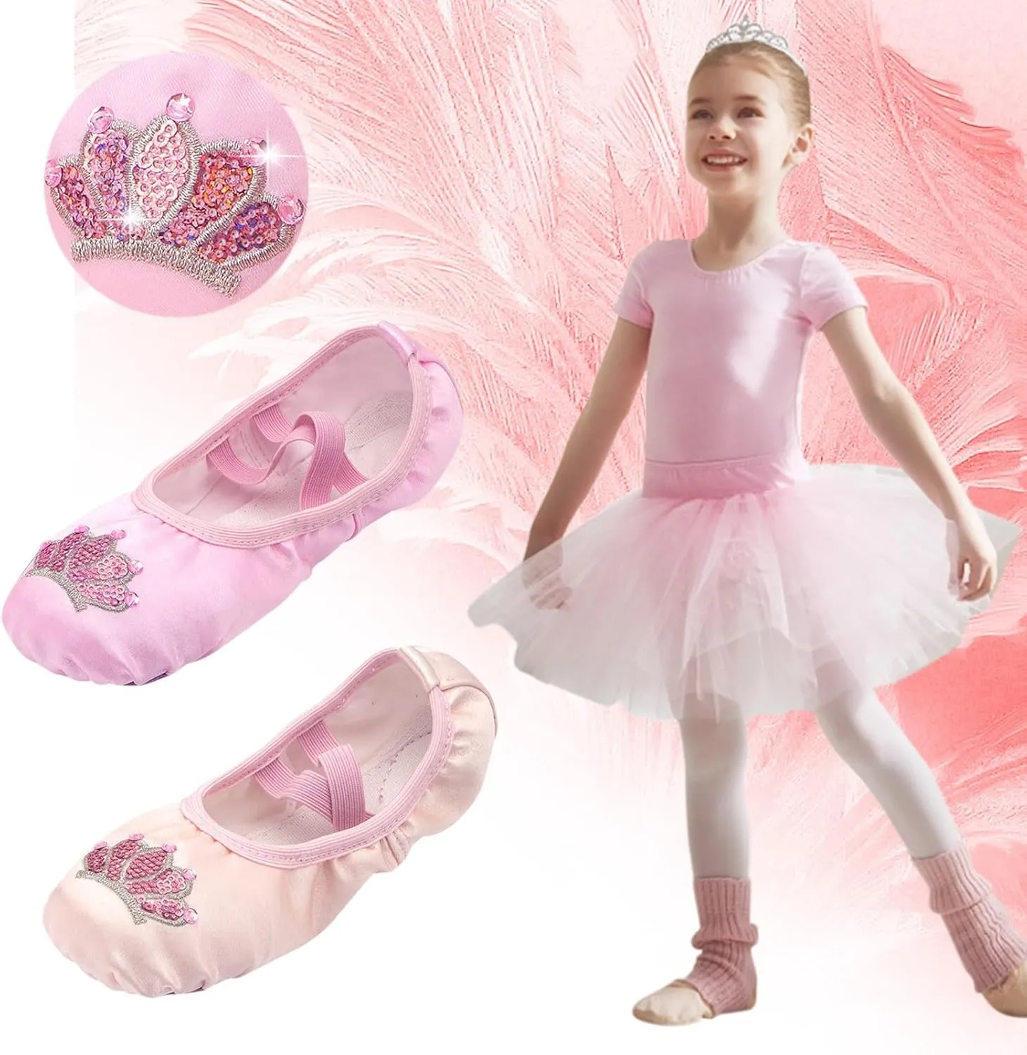 Dance Shoes for Girls Toddler Kids Cute Crown Rhinestone Ballet Slippers Canvas Indoor Yoga Shoes with Elastic Straps