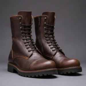 Dark Brown Leather Oriella Lace Up Chunky Derby Boots with Zipper and Track Sole - AW24 - Hiking and Trekking Boots