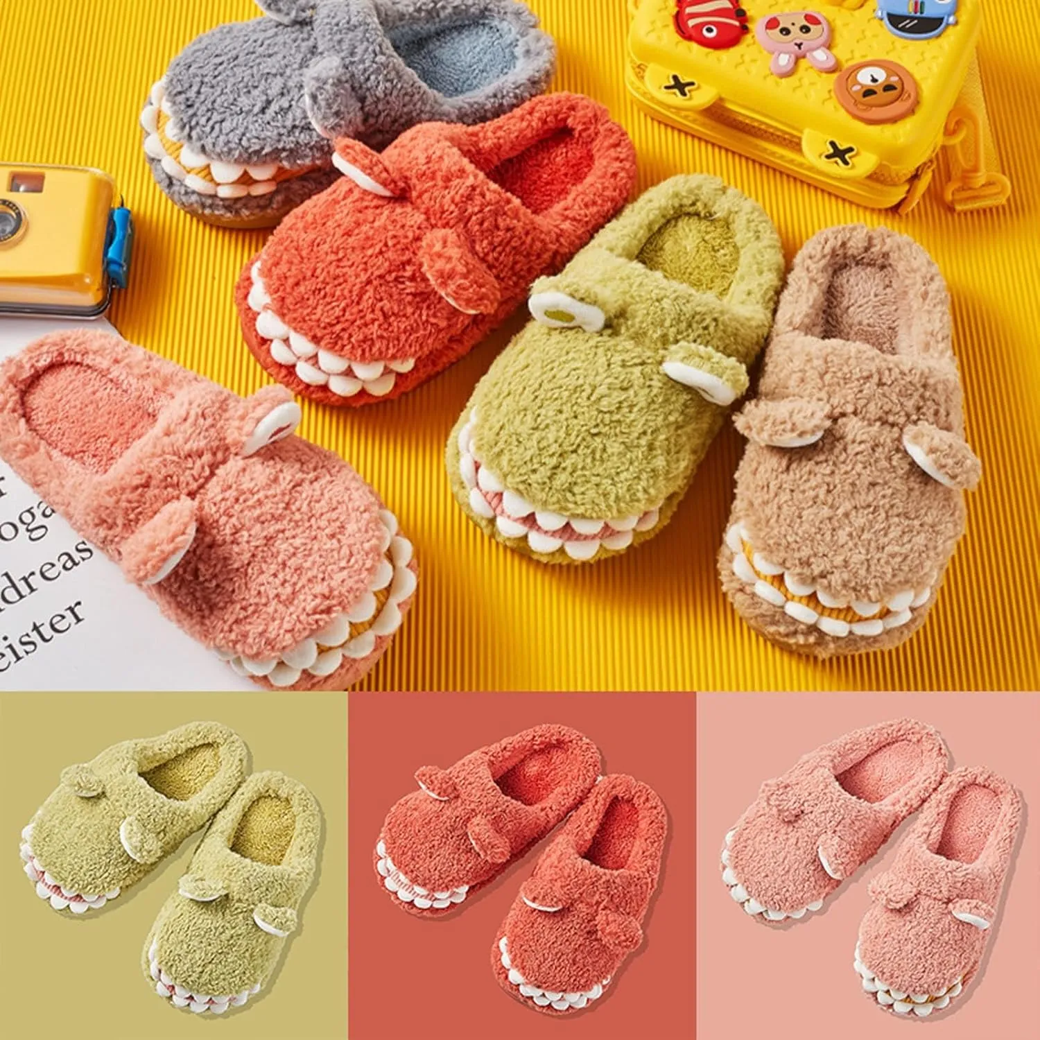 Dinosaur Slippers for Boys Girls Warm Fuzzy Slippers Kids House Slippers Memory Foam Anti-Slip Indoor Slippers Winter