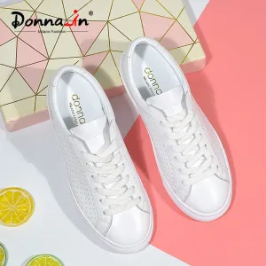 Donna-in Breathable Genuine Leather White Sneakers Women Hollow Spring Summer 2020 Casual Flat Women Shoes Low Heel Comfortable
