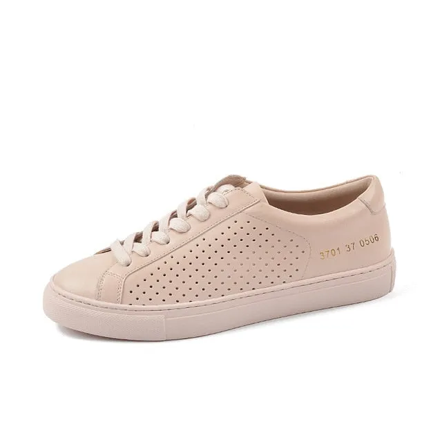 Donna-in Breathable Genuine Leather White Sneakers Women Hollow Spring Summer 2020 Casual Flat Women Shoes Low Heel Comfortable