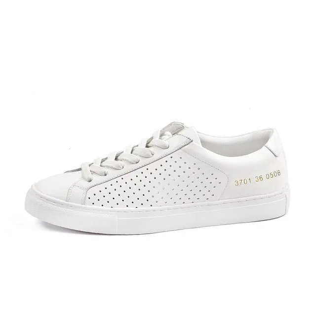Donna-in Breathable Genuine Leather White Sneakers Women Hollow Spring Summer 2020 Casual Flat Women Shoes Low Heel Comfortable