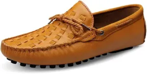Driving Loafer for Men Boat Moccasins Slip On Style Cowhide Leather Breathable Hand-Woven Upper Bowknotdecor