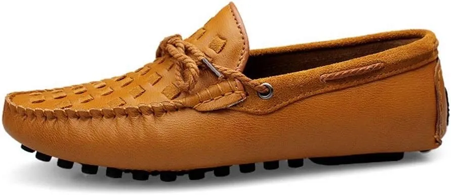 Driving Loafer for Men Boat Moccasins Slip On Style Cowhide Leather Breathable Hand-Woven Upper Bowknotdecor
