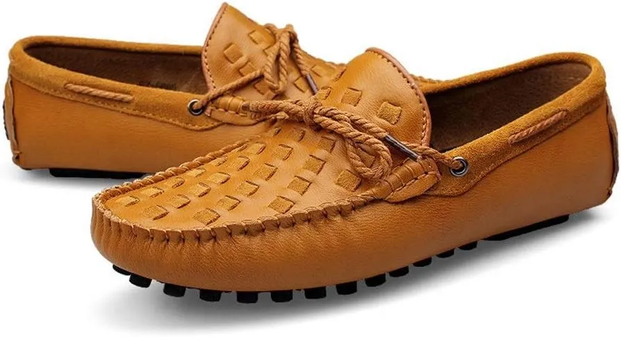 Driving Loafer for Men Boat Moccasins Slip On Style Cowhide Leather Breathable Hand-Woven Upper Bowknotdecor