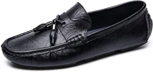 Easy to Put and Remove Smoking Loafer for Men Tassel Genuine Leather Round Toe Stitching Details Resistant Flat Heel Soft Walking Slip On for All Occasions (Color : Black, Size : 7.5)