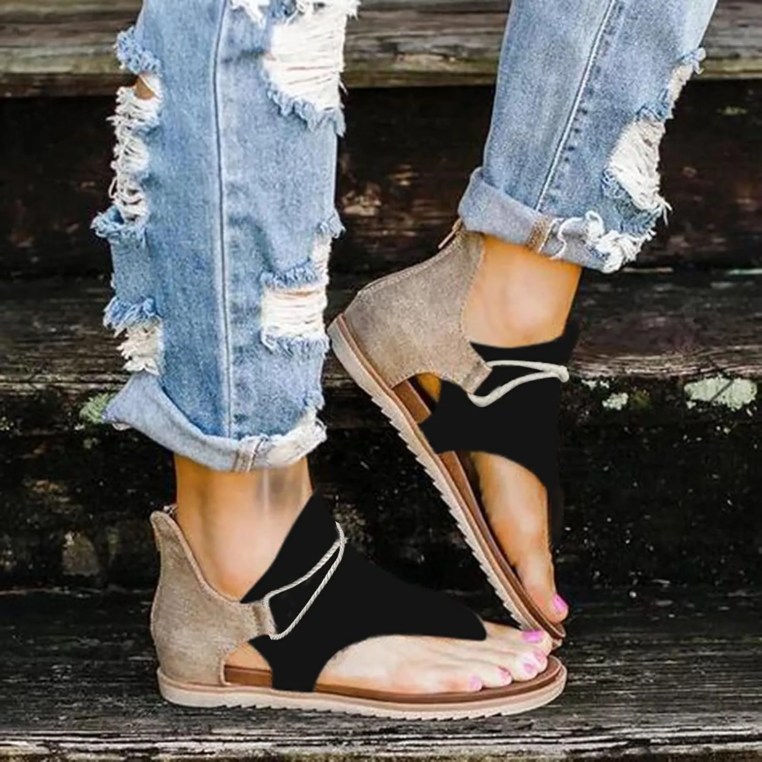Eduavar Flat Sandals for Women Summer, Sandals for Women Dressy Summer Open Toe Flip Flops Sandals Summer Flat Zip Up Sandals