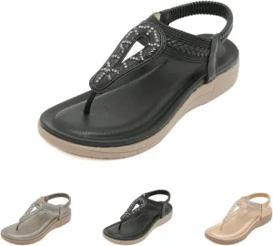Flat Sandals for Women Dressy Arch Support Slingback Summer Walking Beach Shoes Ankle Strap Thong Elastic Flat Sandals