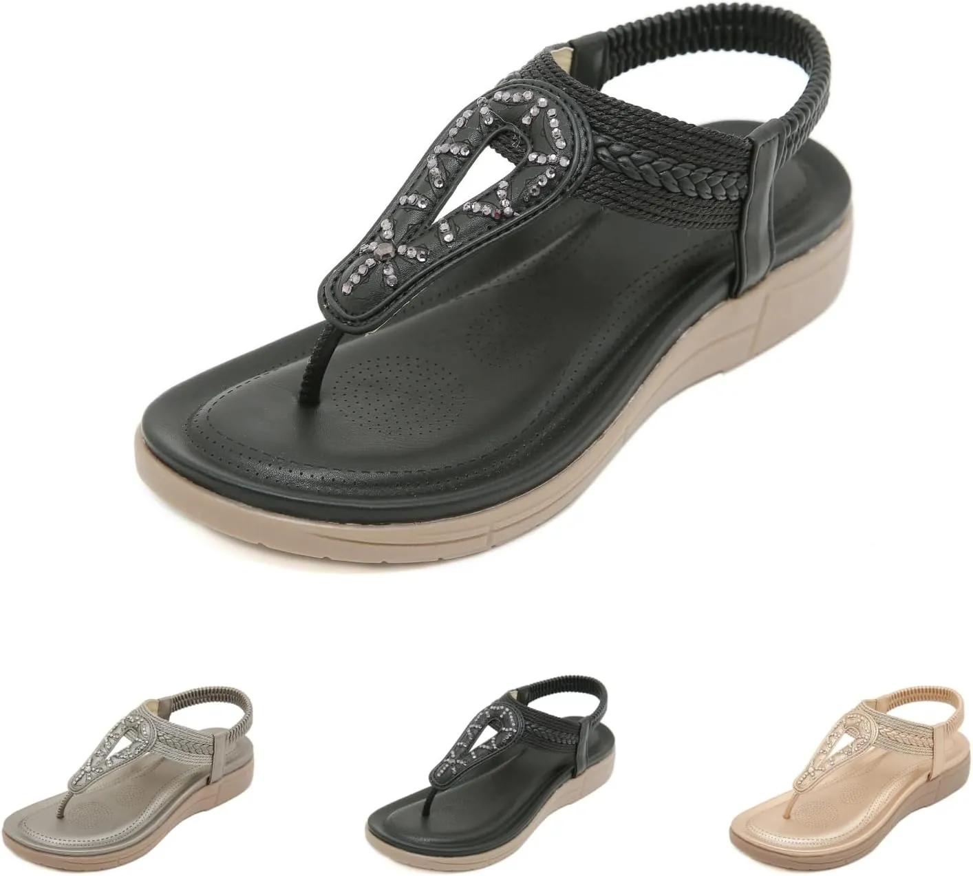 Flat Sandals for Women Dressy Arch Support Slingback Summer Walking Beach Shoes Ankle Strap Thong Elastic Flat Sandals