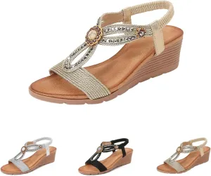 Flat Sandals for Women Dressy Wedge Sandals Flower Low Heel Travel Casual Elastic Ankle Strap Summer Walking Shoes