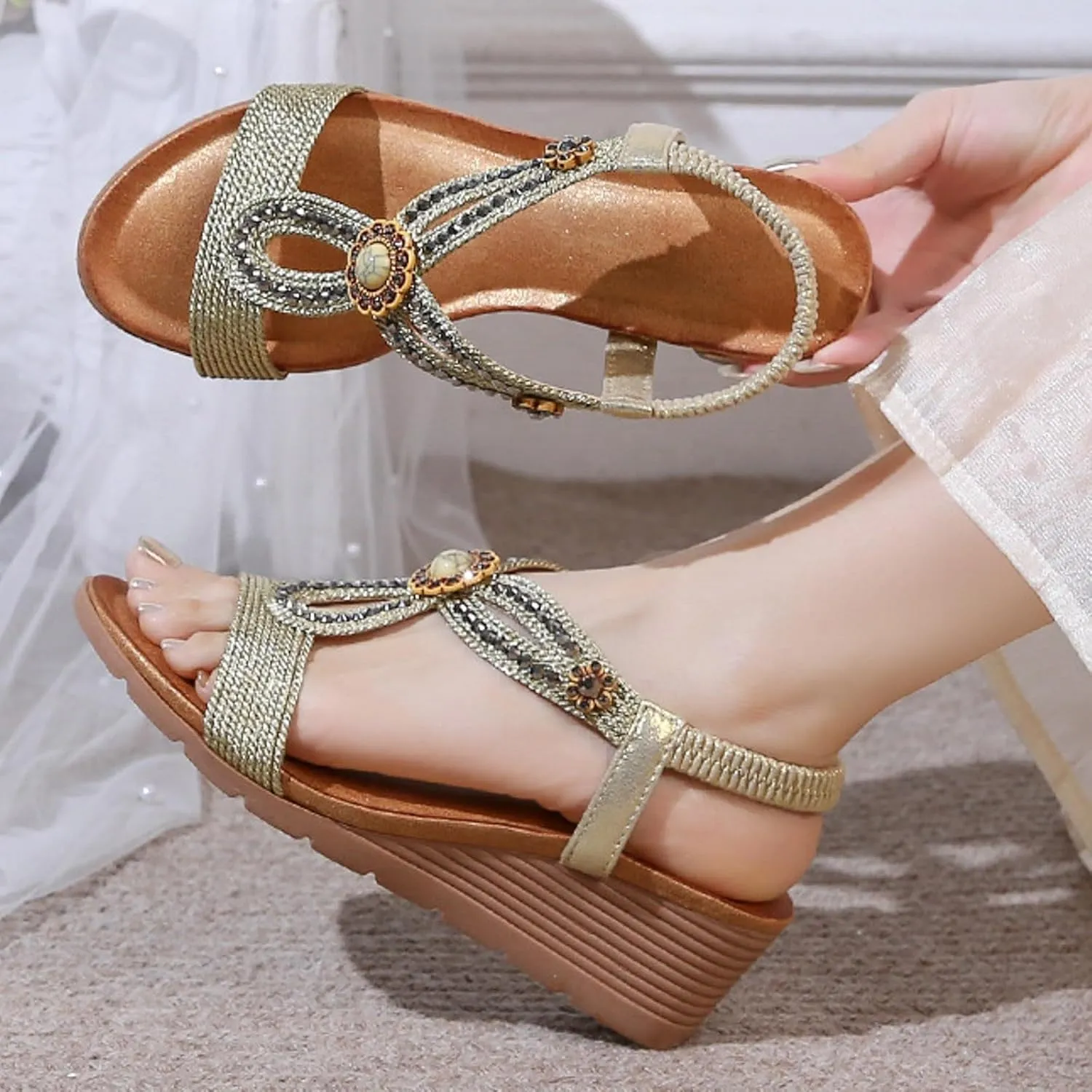 Flat Sandals for Women Dressy Wedge Sandals Flower Low Heel Travel Casual Elastic Ankle Strap Summer Walking Shoes