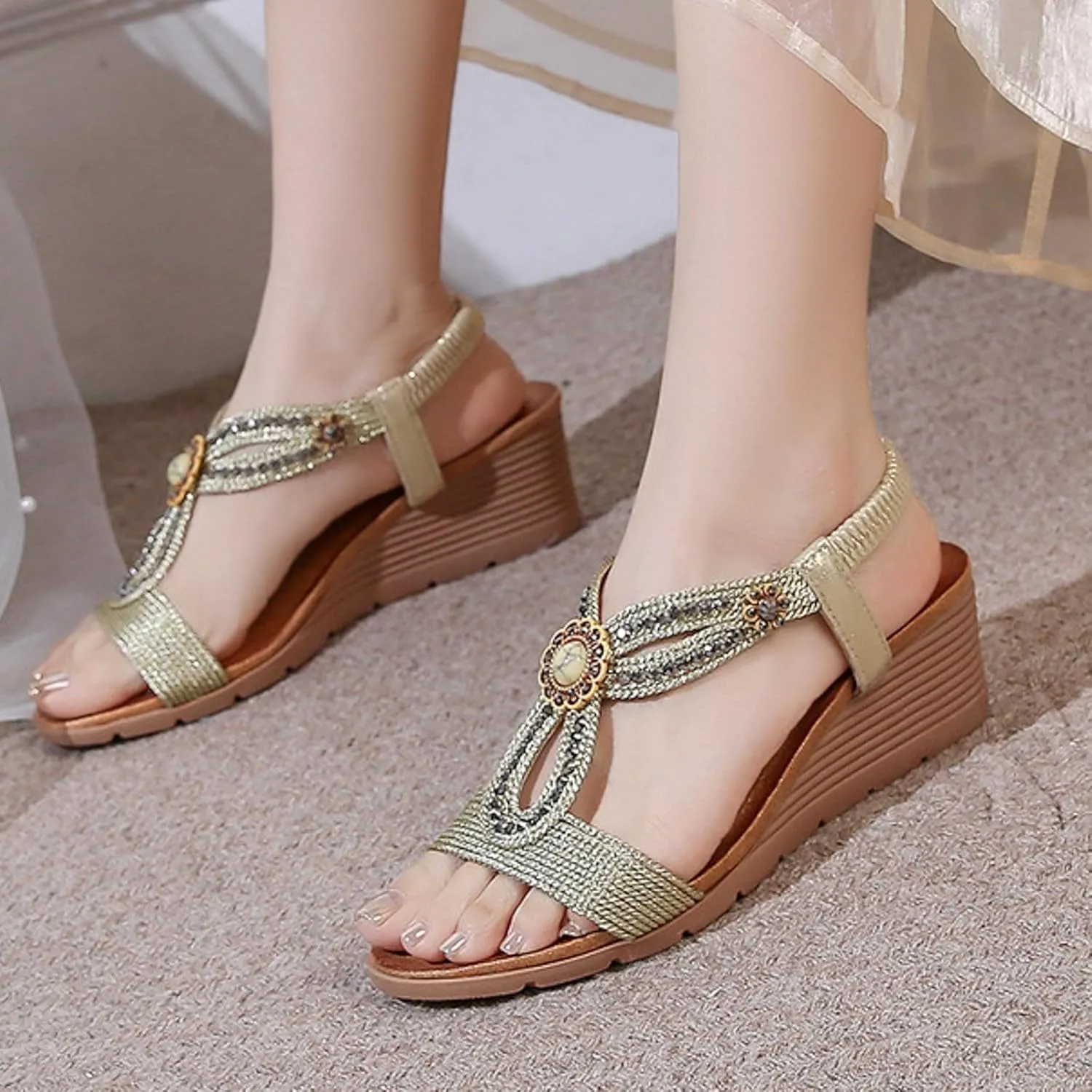 Flat Sandals for Women Dressy Wedge Sandals Flower Low Heel Travel Casual Elastic Ankle Strap Summer Walking Shoes