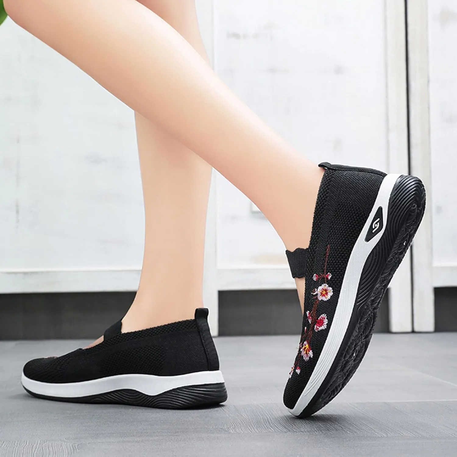 Flower Embroidered Slip On Knitting Flat Loafers for Women Comfortable Soft Sole Tennis Shoes Breathable Mesh Comfy Platform Non Slip Walking Sneakers