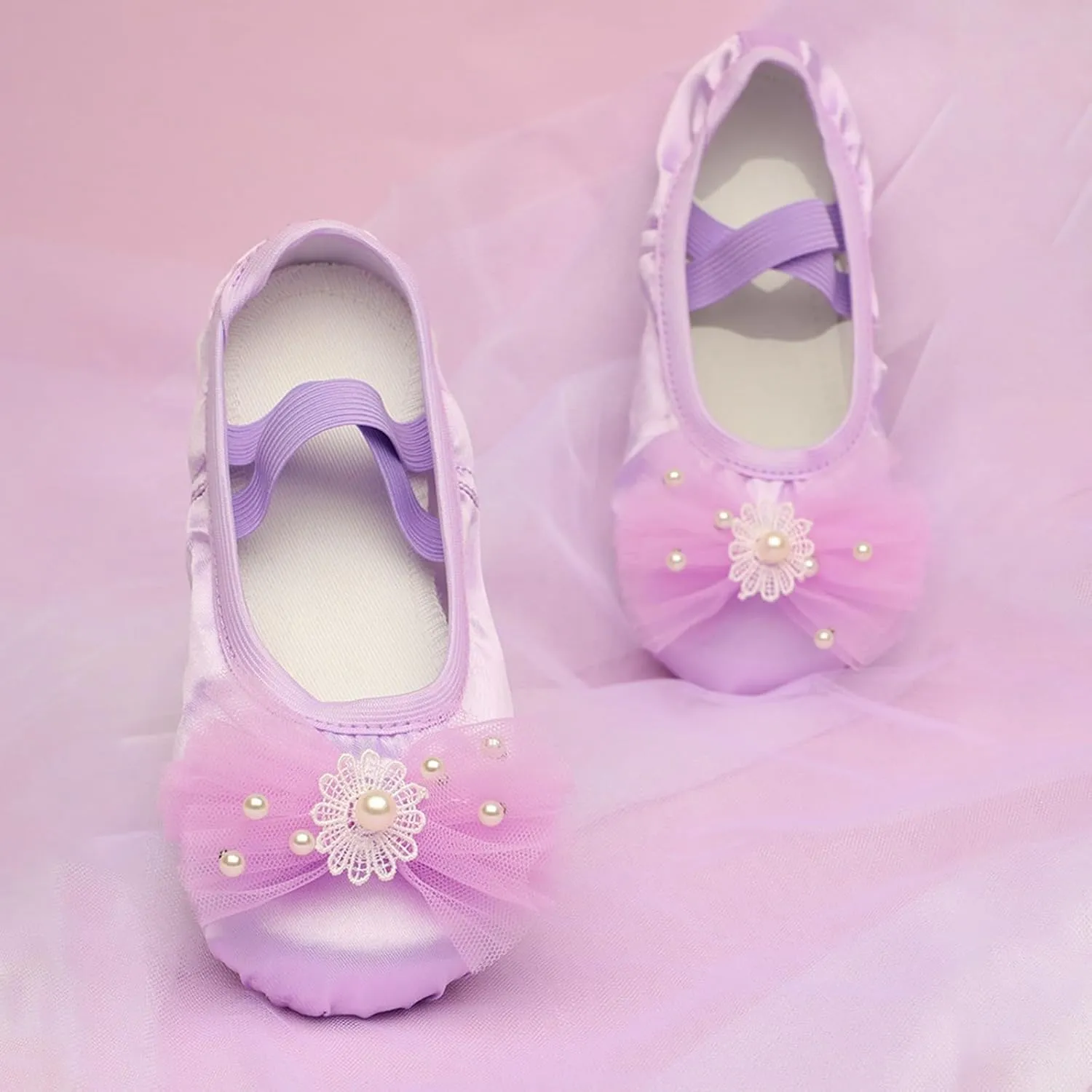 Girls Ballet Shoes Elegant Pearl Floral Lace Bowknot Dance Slippers Toddler Kids Indoor Yoga Dancing Practice Shoes
