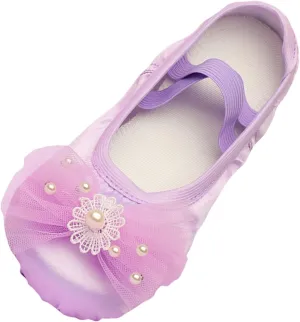 Girls Ballet Shoes Elegant Pearl Floral Lace Bowknot Dance Slippers Toddler Kids Indoor Yoga Dancing Practice Shoes
