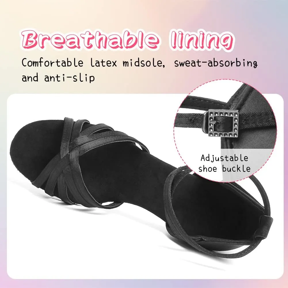 HIPPOSEUS Girls Latin Dance Shoes Low Heel Satin Ballroom Salsa Dance Practice Performance Dancing Shoes,Model 202