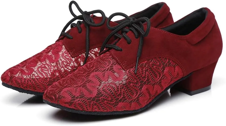 HIPPOSEUS Women's Lace up Practice Dance Shoes Chunky Heel Ballroom Dance Teacher Training Shoes,Model YCL