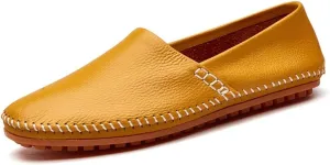HOOENG Smoking Loafer for Men Genuine Leather Round Toe Stitching Details Resistant Flat Heel Lightweight Flexible Walking Slip on (Color : Yellow, Size : 8.5)