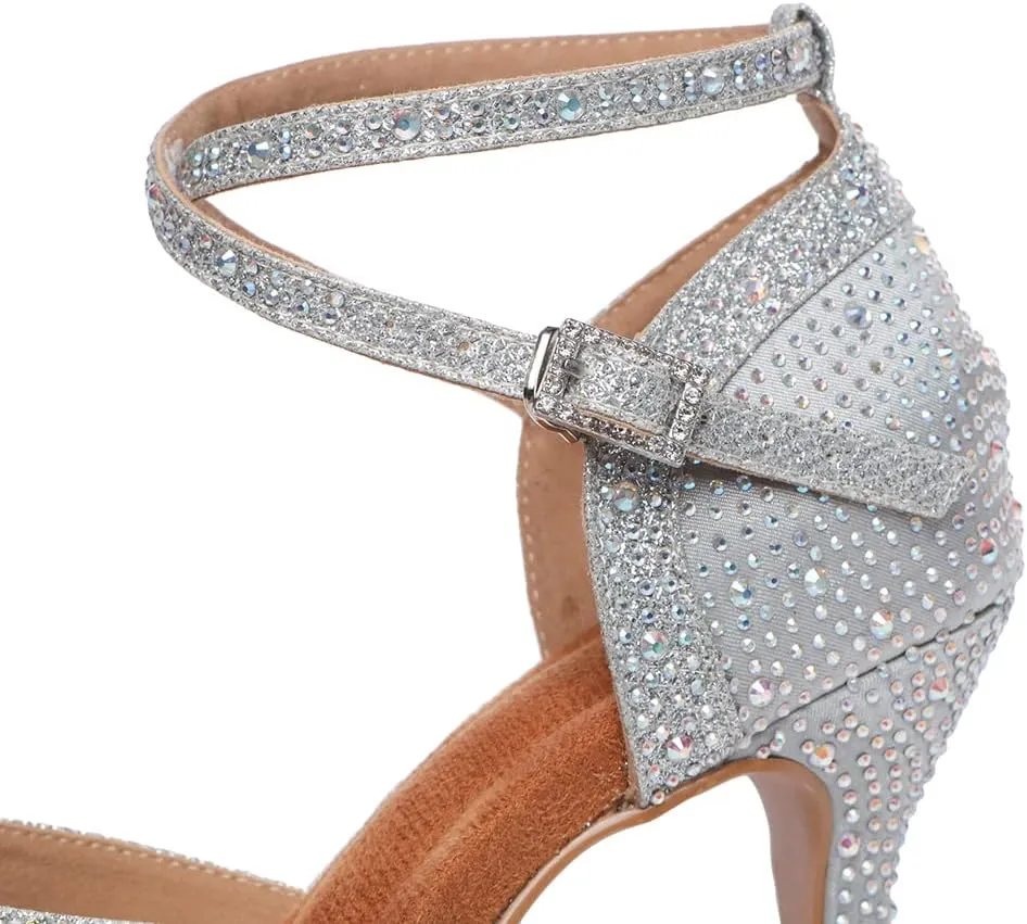 JUODVMP Women's Latin Dance Shoes Cutout Satin Ballroom Salsa Practice Dancing Shoes with Rhinestones,L549